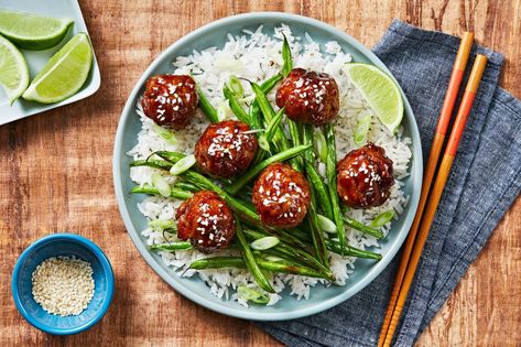 Hoisin-Glazed Meatballs Recipe | HelloFresh Hoisin Meatballs, Rice And Green Beans, Glazed Meatballs, Hello Fresh Recipes, Duck Sauce, Meatballs Recipe, Meal Kit, Hello Fresh, Jasmine Rice