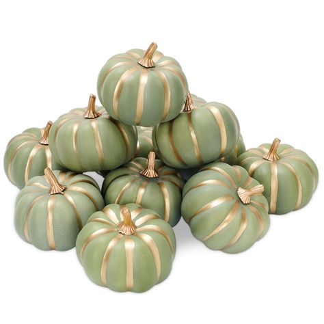 PRICES MAY VARY. You Will Get - The package comes with 12 pack artificial pumpkins, full of farm and countryside style, you can make combination at will, great for you to decoration. Autumn Design - The pumpkins are mainly designed with green color, with gold edges, vivid and realistic, can well decorate your home for the coming fall season and Thanksgiving holiday. Premium Quality - All of our fake pumpkins are made with premium foam material, lightweight and durable, soft and smooth, no discol Fake Pumpkins, Party Kitchen, Peacock Decor, Artificial Pumpkins, Foam Pumpkins, Green Pumpkin, Autumn Halloween, Harvest Decorations, Well Decor