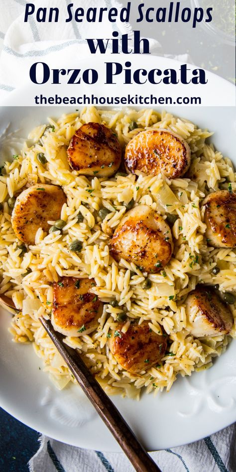 Succulent Pan Seared Scallops with Orzo Piccata is an easy weeknight dinner that's fancy enough for weekend company! From start to finish you're looking at just about 30 minutes. Serve these pan seared scallops with a side salad and a glass of Sauvignon Blanc for the best experience! Pan Seared Scallops, Orzo Recipes, Seared Scallops, Scallop Recipes, Easy Weeknight Dinner, Scallops Seared, Pan Seared, Easy Weeknight, Easy Weeknight Dinners