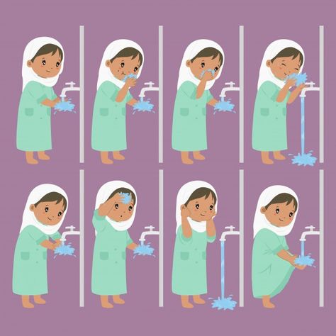 Ablution, wudhu steps for children colle... | Premium Vector #Freepik #vector #water #children #girl #flat Wudhu Steps, Wudu Steps, Preschool Family Theme, Bus Cartoon, Muslim Kids Activities, Penanda Buku, Islamic Kids Activities, Diy Crafts For Girls, Alphabet Activities Preschool