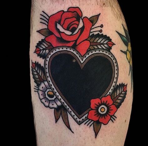 Old School Heart Tattoo Black, Traditional Tattoos With Hearts, Cover Up Knee Tattoo, Traditional Black Heart Tattoo, Old School Cover Up Tattoo, Cover Up Tattoos Traditional, Traditional Ankle Tattoo, Traditional Cover Up Tattoo, Black Cover Up Tattoo