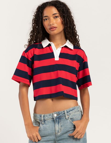 Rsq Stripe Crop Polo Shirt. Allover Stripe Print. Button Front Placket. Collared Neckline. Boxy And Cropped Fit. 95% Cotton, 5% Spandex. Hand Wash. Imported. Model Is Wearing A Size Small. Model Measurements:height: 5'6" Bust: 30"waist: 25.5"hips: 36.5" 90s Crop Top Outfit, 90s Tops Women, Crop Polo Shirt, Billie Concert, Baggy Track Pants, Cropped Polo Shirt, Wwe T Shirts, Flannel Sweatshirt, Cropped Polo