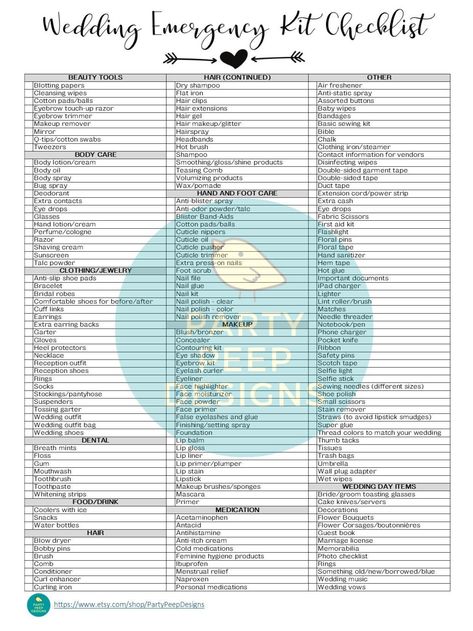 Please read all of the important information regarding this listing. This Complete Wedding Emergency Kit Checklist is the ultimate checklist for brides, wedding planners, and personal assistants.  This listing is a DIGITAL DOWNLOAD. You will not receive anything in the mail. Note: changes to the design elements are not included in this listing. WHAT YOU GET: 1 PDF file 1 JPG file PRINTER SETTINGS Please be sure you are printing at 100% scale and/or US Letter with NO BORDERS. These files are formatted to print near the edge of the paper.  NO PRINTER AT HOME - NO PROBLEM! Upload online to your favorite office/photo store. Or save the file to a flash drive and take it to your favorite office/photo store.  If you have any questions, please send me a message using Etsy messaging interface. I wi Wedding Emergency Kit Checklist, Emergency Kit Checklist, Bride Emergency Kit, Basic Sewing Kit, Wedding Emergency Kit, Hand And Foot Care, Body Lotion Cream, Photo Store, Wedding Checklist