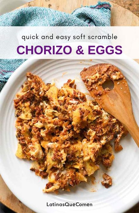 Mornings with Chorizo and Eggs are the most comforting. Ever try adding a few extras like onion and serrano hanging out in the fridge? Try our favorite way to mix it into a soft scrambled delicious, and easy-to-go breakfast. Go to the LatinasQueComen site for the full post and tips. Check out our Breakfast Potatoes for easy weekend eats! 🤤 Egg And Chorizo Breakfast, Chorizo Scrambled Eggs, Eggs And Chorizo Breakfast, Scrambled Eggs With Chorizo, Mini Burritos, Chorizo Eggs And Potatoes, Chorizo And Potato Breakfast Burrito, Chorizo Eggs And Potatoes Breakfast Burritos, Refried Beans Recipe Easy