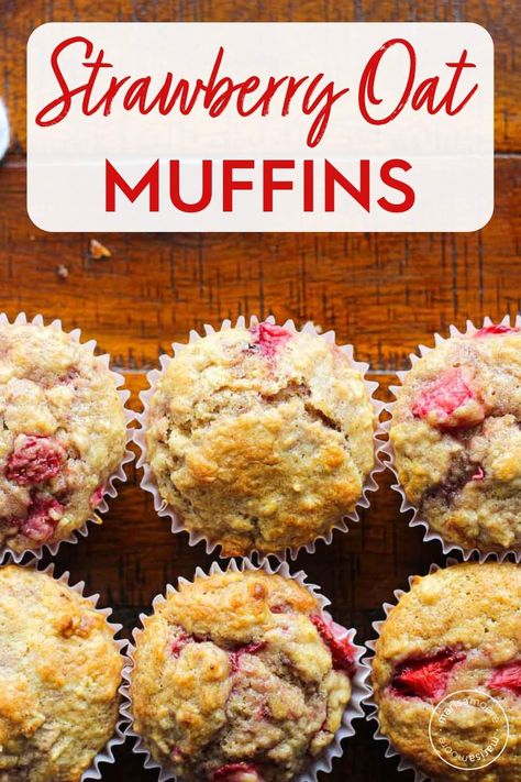 Fresh strawberries, oats and buttermilk combine in these healthy breakfast muffins that are perfect for breakfast, a snack and even dessert! #breakfastrecipes #strawberries #muffins Strawberry Oatmeal Muffins Healthy, Strawberry Oat Recipes, Recipes With Strawberries Healthy, Strawberry Breakfast Muffins, Strawberry Oat Muffins, Strawberries Muffins, Strawberry Oatmeal Muffins, Strawberry Muffins Healthy, Oatmeal Breakfast Muffins