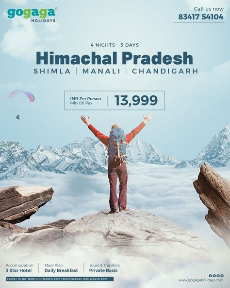 Experience the beauty of Himachal Pradesh.It is the perfect retreat for those who are seeking tranquilly and adventures. Why Choose us : ✅ Secure and safety travel ✅ Travel in a Sanitized environment ✅ 24/7 Tele customer support ✅ Well planned itineraries ✅ A grade Accommodation ✅ 10,000+ Happy customers HURRY UP🥳 For more details give us a miss call 📞 8950 8950 83. Check out for more Packages www.gogagaholidays.com For more packages and details we are just a call away at 📞 83417 54104 Adi Kailash, Travel Creative Ads, Retreat Poster, Tourism Ads, Miss Call, Travel Advertising Design, Social Media Campaign Design, Tourism Design, Hotel Ads