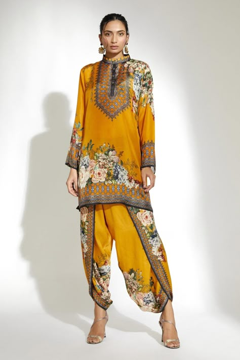 Mustard short kurta with floral printed motifs, band collar and front buttons. Components:1 Pattern:Printed Type of Work:Floral Neckline:Band Collar Sleeve Length:Long Sleeves Fabric:Silk Color:Yellow Other Details: Note: Pant worn by the model is not for sale Occasion:Work,Puja - Aza Fashions Luxury Kurta With Woven Motifs For Festivals, Luxury Semi-stitched Traditional Wear With Mandarin Collar, Luxury Bollywood Kurta With Kalamkari Print, Luxury Bollywood Kurta With Printed Border, Luxury Digital Print Kurta For Diwali, Luxury Kurta With Kimono Sleeves For Summer, Luxury Designer Kurta For Festivals, Luxury Floral Print Kurta For Festive Season, Luxury Floral Print Kurta For Party