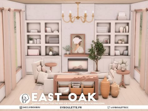 The Sims Resource - Patreon release - East Oak part 1 Sims Living Room, West Elm Style, Living Room Sims 4, Sims 4 Cc Furniture Living Rooms, West Elm Pillows, West Elm Bedding, Oak End Tables, Furniture Cc, Oak Armchair