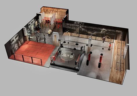 Mma Gym Interior, Boxing Interior Design, Boxing Room At Home, Boxing Gym Ideas, Gym Exterior Design, Sport Club Design, Boxing Gym Design, Boxing Studio, Crossfit Garage Gym