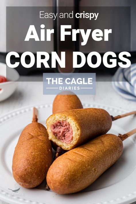 a plate with corn dogs piled, the top one having a bite taken out with an air fryer in the back ground Air Fryer Corn Dogs, Air Fried Corn, Air Fryer Corn, Homemade Corndogs, Mini Corn Dogs, Small Air Fryer, Corndog Recipe, Air Fryer French Fries, Keto Sausage