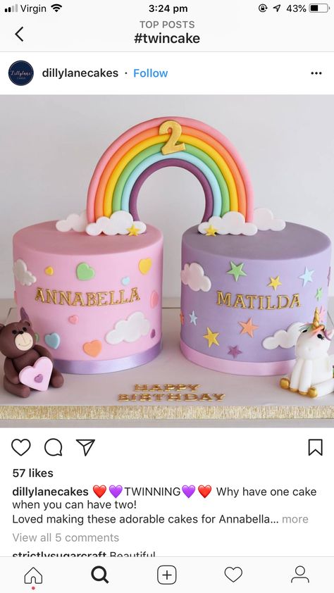 Twin Birthday Cakes Daughters, Twin Rainbow Cake, Double Rainbow Cake, Sibling Birthday Cake, Shared Birthday Cake, Easy Unicorn Cake, Γενέθλια Mickey Mouse, Double Birthday Parties, Rainbow Layer Cakes