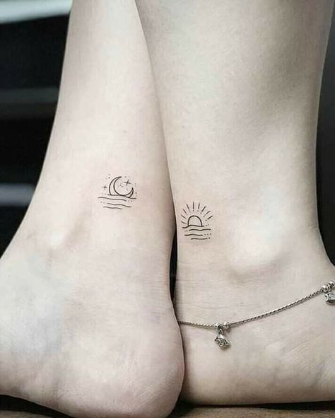 Best Friend Sun Tattoos, Simple And Small Tattoos For Women, Simple Sun And Moon Tattoo Best Friends, Sun And Moon Tattoo Small Best Friends, Tattoos To Get With Your Guy Best Friend, Tattoo Moon And Sun Couple, Small Duo Tattoos, Couple Tattoo Sun And Moon, Moon And Sun Couple Tattoo