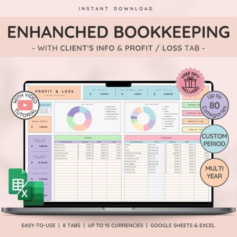 Enhanced Bookkeeping  | Google Sheets | Templates | Excel Templates | Free Google Sheets Template mealplannersheets #studygoalplanner #academicplanner😴 Excel Templates Free, Profit Tracker, Business Planner Printables, Google Sheets Templates, Bookkeeping Spreadsheet, Month Template, Client Tracker, Spreadsheet Design, Excel Budget Spreadsheet