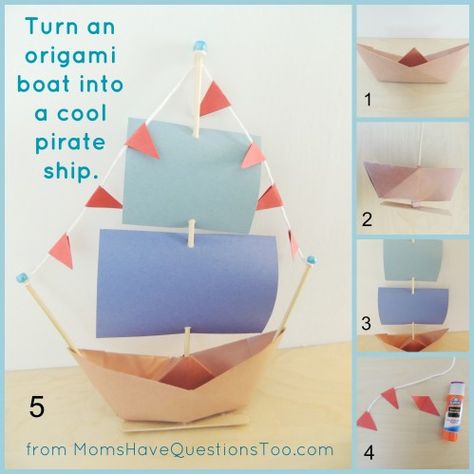 Turn a paper boat into an awesome pirate ship! Super fun craft that kids of all ages will enjoy. Directions for origami boat in blog post. Origami Boat Instructions, Pirate Ship Craft, Origami Sailboat, Origami Ship, Boat Craft, Make A Paper Boat, Pirate Week, Paper Boats, Pirate Crafts