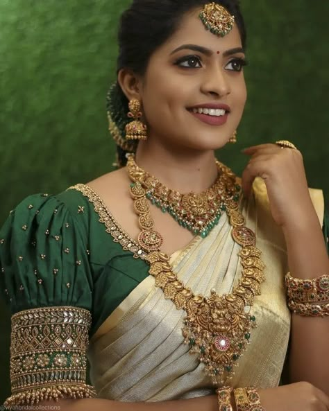 Pattu Blouse Back Designs, Trendy Bridal Blouse Designs, Puff Sleeves Maggam Work Blouses, Blouse Design For Marriage, Blouse Designs For Muhurtham, Uppada Saree Blouse Designs, Nath Embroidery Blouse Design, Pattu Blouse Designs Latest, Puff Sleeve Aari Work Blouse