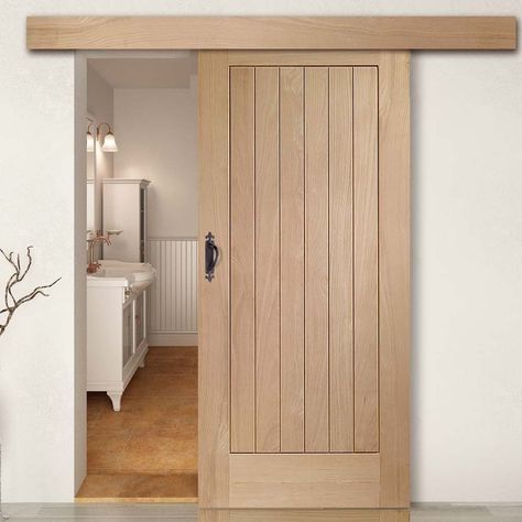 Bathroom Door Ideas, Barn Door In House, Internal Sliding Doors, Barn Style Sliding Doors, Sliding Door Design, Sliding Doors Interior, Sliding Barn Door Hardware, Oak Doors, Bathroom Doors