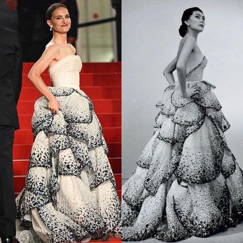 Natalie Portman looked stunning in a custom recreation of Christian Dior's legendary 1949 gown "Junon" for the premiere of May December at the Cannes Film Festival. #fashion #natalieportman #cannesfilmfestival #dior #vintage #1949 Dior Dress Natalie Portman, Vintage Dior Dress Runway, Dior Junon Gown, Natalie Portman Dior Dress, The New Look Dior, Dior Prom Dress, Dior Dress Aesthetic, Junon Dior, Dior Celebrities