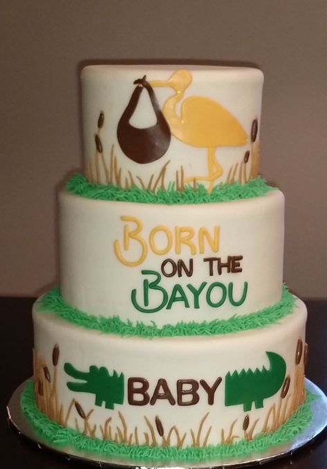 Born on the Bayou. Baby shower cake Born On The Bayou Party, Cajun Baby Shower Ideas, Alligator Baby Shower Ideas, Louisiana Baby Shower Ideas, Bayou Cake, Bayou Baby Shower Ideas, Bayou Party, Alligator Cake, Born On The Bayou