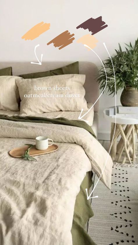 Sage And Brown Bedroom Ideas, Tan And Sage Bedding, Earth Tones Apartment Aesthetic, Room Ideas Green Comforter, Bed Color Scheme Ideas, Earthy Tones Bedroom Minimalist, Olive Bedroom Aesthetic, Sage Green And Tan Bedroom Aesthetic, Sheet Colors Bedroom