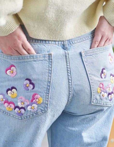 Are you looking for a fun and unique way to jazz up a pair of plain blue jeans?  This pattern available for purchase from Leisure Arts may be just the design for you. It is pretty, not too difficult for … Read More ... Plain Blue, Make Your Own Clothes, Embroidery Book, Embroidery On Clothes, Leisure Arts, Shirt Embroidery, Fashion Wishlist, Needle Work, Embroidered Clothes