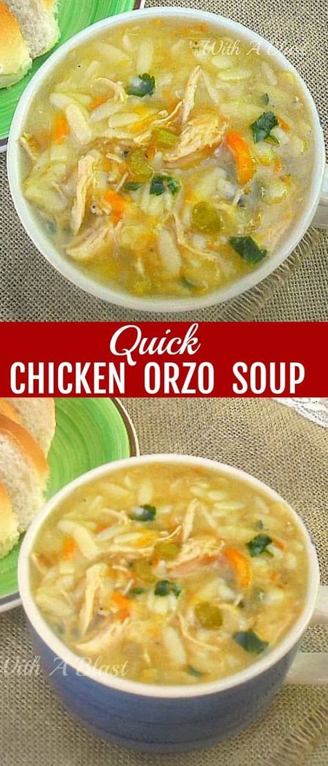 Delicious, thick, filling and warming Quick Chicken Orzo Soup ~ comfort food in a flash ! #Soup #ChickenSoup #OrzoSoup #ChickenRecipes #QuickSoupRecipes #EasySoupRecipes #PastaSoupRecipes Chicken Risotto Soup, Instapot Chicken Orzo Soup, Healthy Chicken Orzo Soup, Creamy Parmesan Orzo With Chicken, Soup Recipes With Orzo, Chicken Noodle Soup With Orzo, Chicken Orzo Soup Instant Pot, Greek Chicken And Rice Soup, Creamy Chicken Orzo Soup