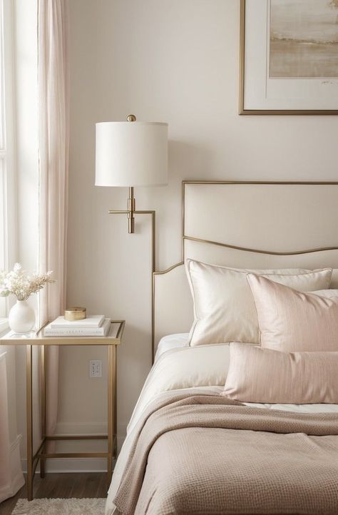 Master Bedrooms Light Pink, Blush Pink And Neutral Bedroom, Neutral Pink And Gold Bedroom, Beige Pink And Gold Bedroom, Blush Pink Bedrooms Grown Up, Pink And Beige Room Aesthetic, Cream Color Palette Bedroom, Pink Bedroom Palette, Light Pink Neutral Aesthetic