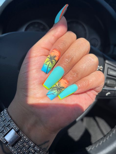 Blue And Orange Ombre Nails, Palm Trees Nails, Summer Nails With Palm Trees, Nails Acrylic Palm Tree, Blue Palm Tree Nails, Ombre Nails With Palm Trees, Painted Palm Trees, Hot Summer Nails, Bright Nails With Palm Trees