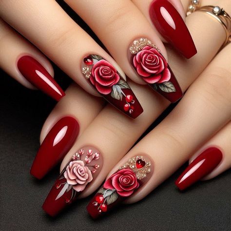 Simple Rose Nails, Red Roses Nail Art, Nails Roses Design Flowers, Rose Nails Acrylic, Red Rose Nail Design, Rose Nails Design, Red Rose Nails, Rose Nail Art Designs, Nail Art Rose