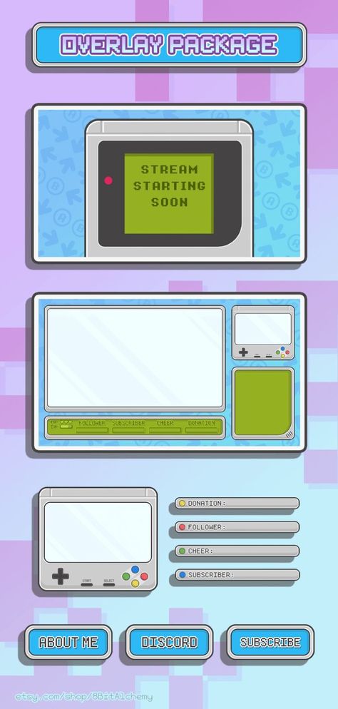 Gameboy Themed Twitch/Stream Overlay. Full Package - Includes Animated Start/BRB/Ending Scenes, Heaps of pre-made overlays, Animated Alerts, Stinger Transitions, Panels, Notification Tabs & lots more! Gaming Overlay, Twitch Stream Overlay, Twitch Streaming Setup, Streaming Setup, Learn Photo Editing, Stream Overlay, Twitch Overlay, Twitch Stream, Game Interface