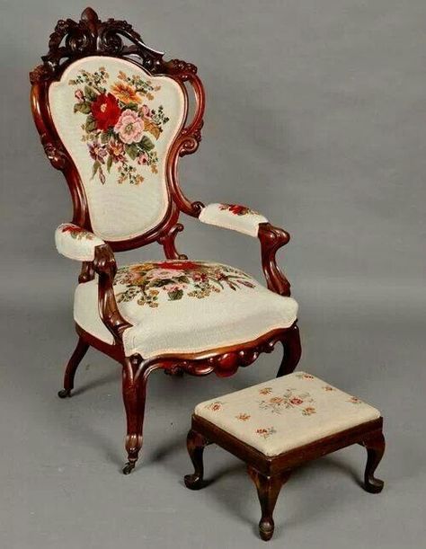 Victorian chair and foot stool Rococo Revival, White Furniture Living Room, Victorian Chair, Victorian Furniture, Victorian Decor, Foot Stool, Antique Chairs, Chair Style, Cheap Decor