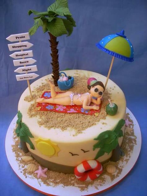 Retirement Party Cakes, Beach Birthday Cake, Pool Party Cakes, Hawaiian Cake, Beach Themed Cakes, Barbie Birthday Cake, Beach Cake, Beach Cakes, Birthday Cakes For Women