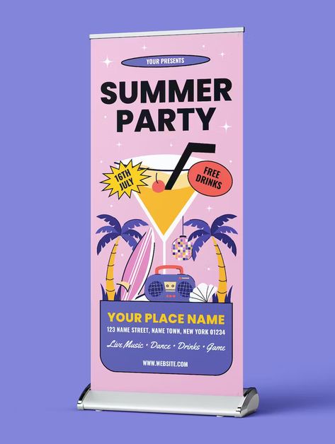 Summer Night Party Roll-up Banner Template PSD, AI, EPS Event Banners Designs, Banner Roll Up Design, Summer Design Graphic, Banner Ideas Design, Party Banner Design, Banner Design Ideas, Rollup Design, Roll Up Banner Design, Rollup Banner Design