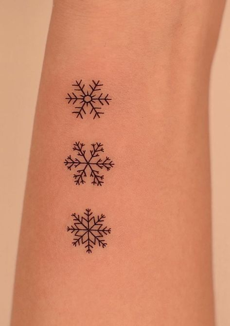 Mini Snowflake Tattoo, Tattoo Ideas Snowflake, Small Winter Tattoo Ideas, Snowflakes Tattoo Design, Snow Flake Tattoos For Women, Black Snowflake Tattoo, Simple Christmas Tattoo Ideas, Snowflake Tattoo Ideas, Snowflake Tattoo Sleeve