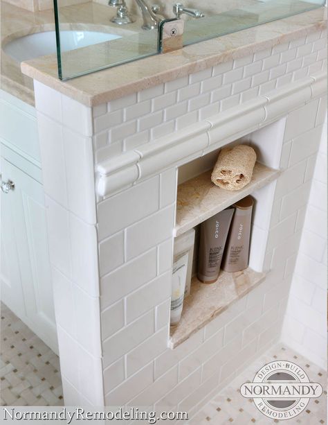 Tiny Recessed Marble Shelves Shower Tiles, Traditional Bathroom Designs, Diy Bathroom Makeover, Half Walls, Shower Storage, Bad Inspiration, Medicine Cabinets, Shower Niche, Master Bath Remodel