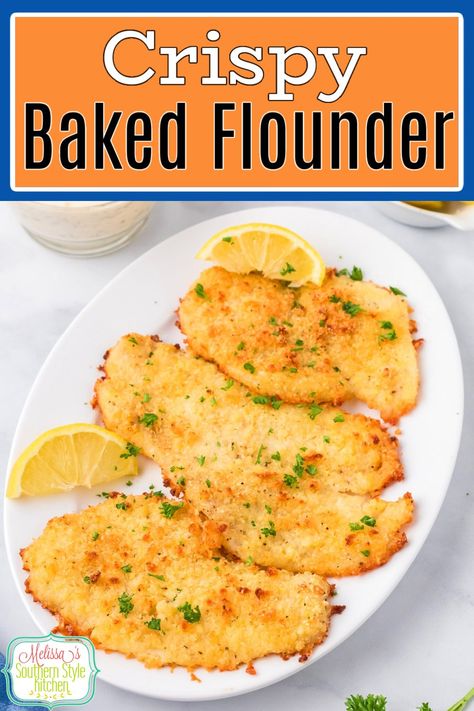 This crispy Baked Flounder recipe is made on a sheet pan in the oven for quick dinner preparation and easy cleanup too. #flounderrecipes #easybakedflounder #seafoodrecipes #southernstylerecipes #easydinnerideas #30minutemeals #tartersauce #fishrecipes via @melissasssk Baked Breaded Flounder, Oven Fried Flounder Recipes, Ways To Cook Flounder, Baked Fish Recipes Oven Flounder, Recipes For Flounder Fillets, Flounder Filets Recipes, Oven Baked Flounder Fillets, Breaded Flounder Recipes, Bake Flounder Recipes Oven