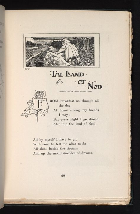 From A Child’s Garden of Verses by Robert Louis Stevenson; illustrated by Charles Robinson, 1895. Via the LOC’s rare books collection. Charles Robinson, Childrens Poems, Childrens Poetry, National Poetry Month, The Land Of Nod, Children's Garden, Ancient Books, Rhymes For Kids, Land Of Nod