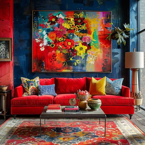 3 Colour Combination for Room Wall Trends That Will Dominate This Year • 333+ Art Images Red Colour Palette Living Room, Colourful Indian Living Room, Red Sofa Blue Walls, Red Couch Teal Wall, Red Couch Living Room Ideas, Red Wallpaper For Living Room, Red Couch Living Room, Red Living Room Decor, Colorful Rooms