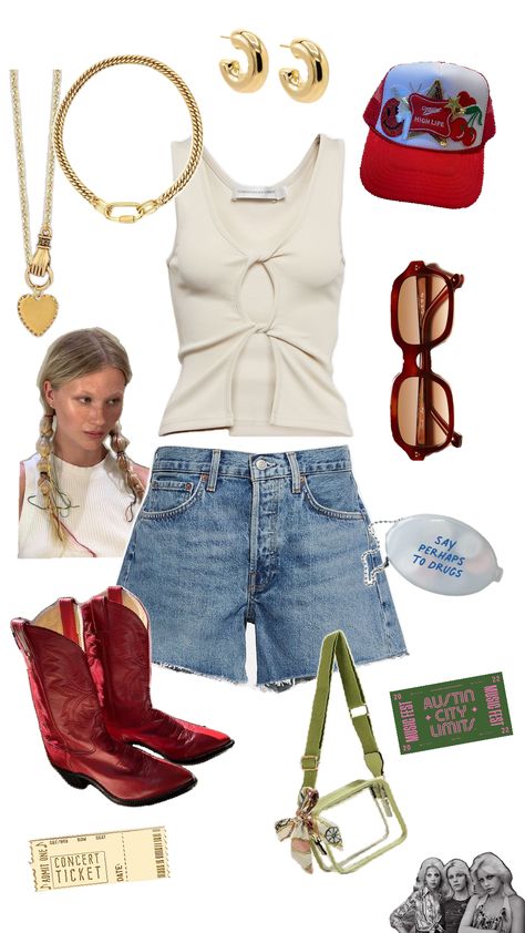 Austin city limits outfit ideas| gold jewelry, jorts, clear bag for concerts coin purse, sunglasses, and trucker hat Austin City Limits Outfit, Acl Outfits, Concert Outfit Inspo, Coachella Vibes, Austin City Limits, Clear Bag, City Limits, Concert Outfit, Trucker Hat