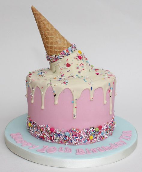 Ice Cake Designs Birthday, Ice Cream Cake Designs Birthday Parties, Ice Cream Cake Designs, Melted Ice Cream Cake, Cake Pop Ice Cream, Melting Ice Cream Cake, Cake White Chocolate, Melted Ice Cream, Ice Cream Cone Cake