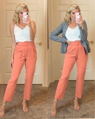 Coral Pants Outfit Summer, Peach Dress Pants Outfit, Pink Dress Slacks Outfit, Peach Pants Outfit Work, Salmon Pink Pants Outfit, Outfits With Peach Pants, Salmon Outfit Ideas, Melon Pants Outfit, Salmon Color Pants Outfit