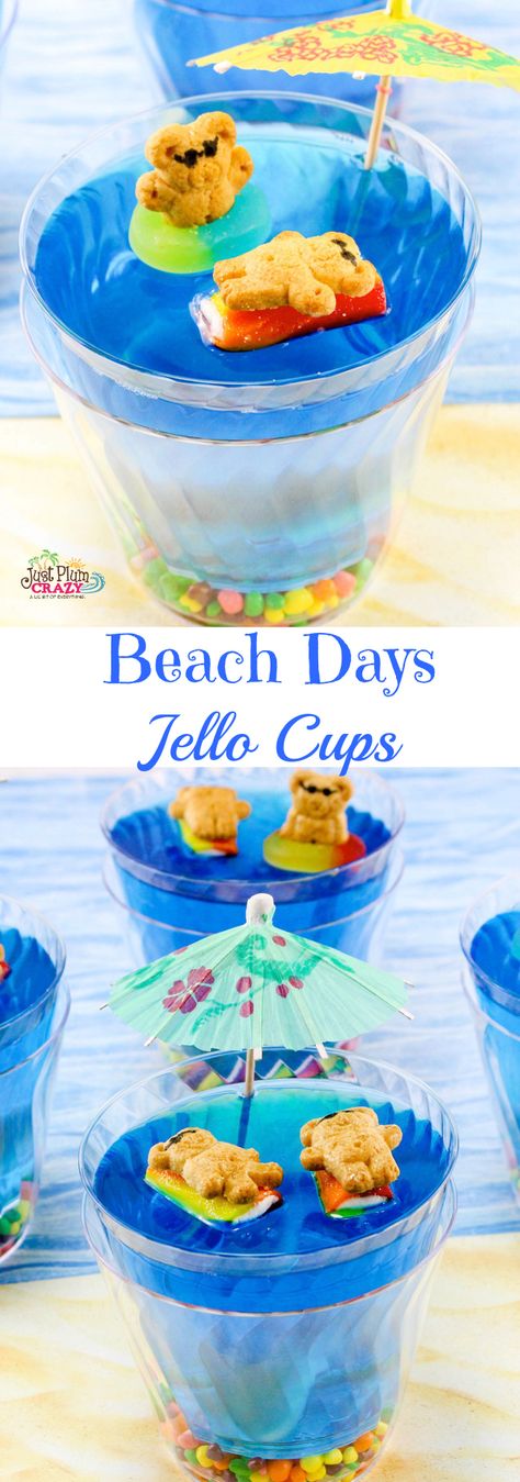 Since we are on a roll with cute mini desserts, let's sneak in a fun summer dessert that the kids will absolutely adore..Beach Days Jello Cups Recipe. Party Snacks Summer, Snacks Summer, Kids Desserts, Kids Party Snacks, Slab Cake, Jello Cups, Beach Cups, Blue Jello, Camping Snacks