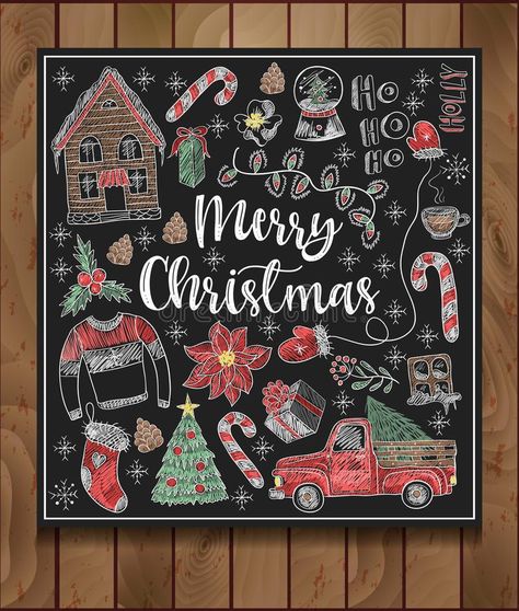 Blackboard Illustration, Christmas Chalkboard Art, Merry Christmas Calligraphy, Blackboard Art, Plank Art, Chalkboard Decor, Chalkboard Drawings, Colored Chalk, Christmas Chalkboard