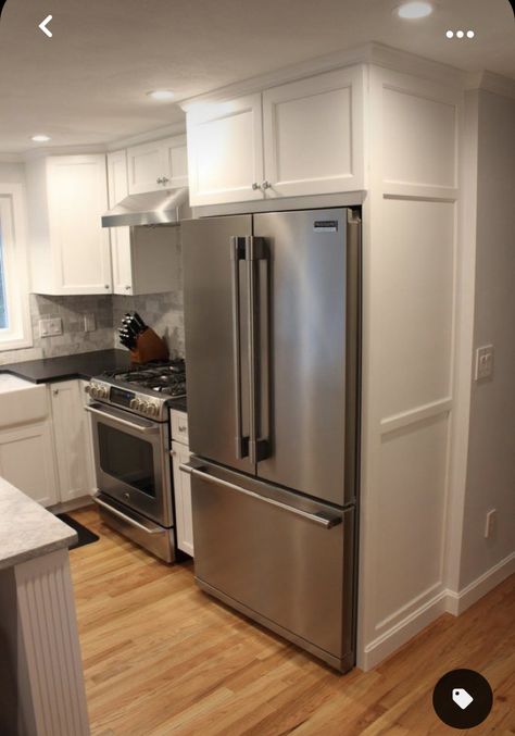 Cabinets Around Fridge, Fridge Panel, Refrigerator Cabinet, Built In Refrigerator, Diy Kitchen Remodel, Kitchen Remodel Design, New House - Kitchen, Cabin Kitchens, Kitchen Remodel Before And After