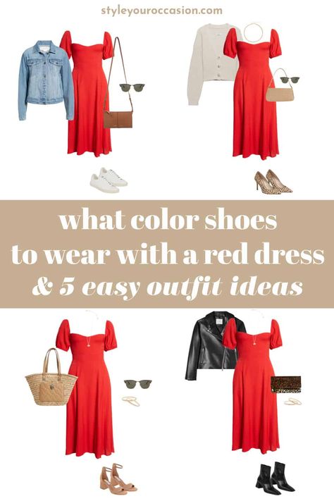 Ever wondered what color shoes to wear with a red dress? Find out which colors work best and get classy outfit ideas that combine a red dress (short, midi, or long) with sneakers, sandals, high heels, boots, and more! Dark Red Midi Dress, Short Red Dress Outfit, Red Dress Chic, Red Dress Outfit Casual, Modern Outfit Ideas, Colour Shoes, Red Dress Shoes, Red Dress Accessories, Red Dress Casual