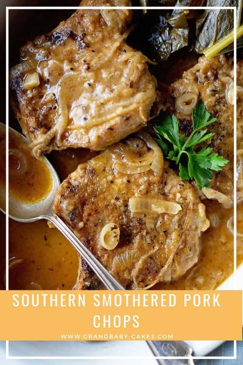 Southern Smothered Pork Chops Recipe - Lightly breaded pork chops are smothered in a rich savory and well seasoned brown gravy resulting in the perfect Southern classic. #pork #porkchops #southern #gravy via @grandbabycakes Southern Smothered Pork Chops, Southern Gravy, Smothered Pork Chops Recipe, Grandbaby Cakes, Breaded Pork Chops, Smothered Pork, Recipes Pork, Smothered Pork Chops, Pork Dinner