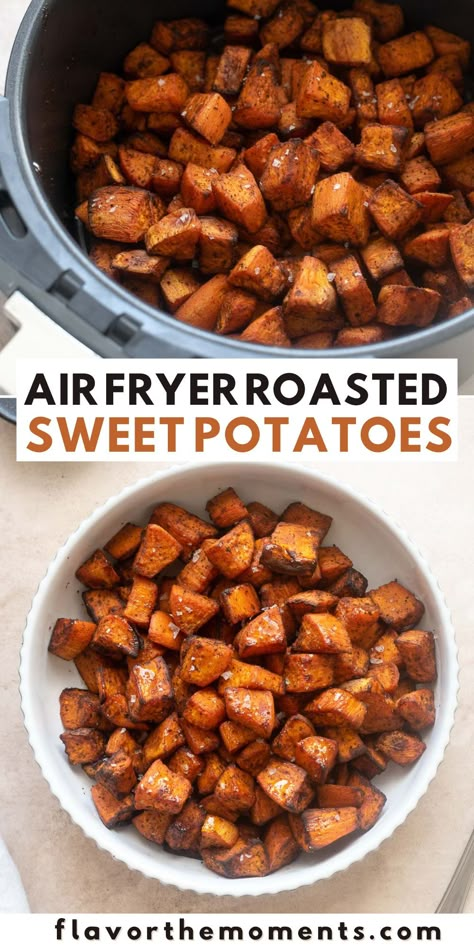 Air Fryer Roasted Sweet Potatoes Sweet Potatoes Air Fryer, Diced Sweet Potatoes, Air Fryer Sweet Potatoes, Sweet Potato Cubes, Potato Cubes, Sweet Potato Side Dish, Potatoes Air Fryer, Sweet Potato Recipes Roasted, Crispy Sweet Potato