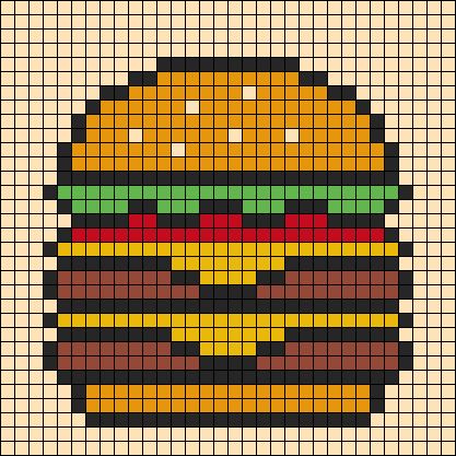 Mcdonalds Pixel Art, Bob's Burgers Pixel Art, Bobs Burger Pixel Art, Mcdonalds Cross Stitch, Burger Crochet, Burger Pixel Art, Burger Cross Stitch, Hamma Beads Ideas, Pixel Art Grid