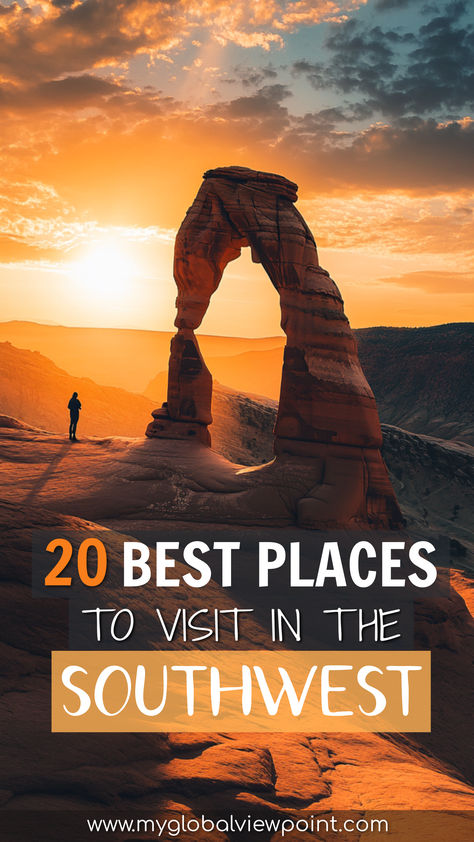 A person is standing in front of the famous Delicate Arch at Arches National Park during a stunning sunset, with golden light illuminating the natural rock formations in the Southwest USA, one of the most beautiful places in the Southwest. Desert Vacation, Desert Trip, Amazing Places To Visit, Southwest Usa, Desert Landscapes, Desert Travel, Fun Deserts, Inspo Board, Best Places To Live