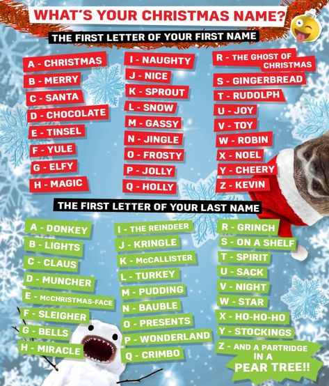 How to Make a Name Generator: What's Your Christmas Name? | Beano.com Christmas Name Generator, Funny Name Generator, Holiday Luncheon, Christmas Nails Diy, Fun Christmas Party Games, Fun Christmas Games, Family Christmas Party, Christmas Names, Happy Birthday Jesus