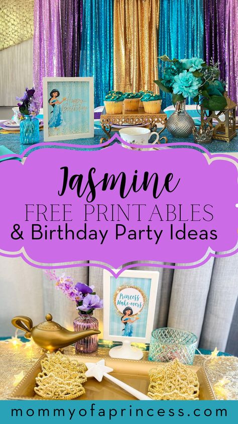 Princess Jasmine Birthday Party Ideas + FREE Printables Princess Jasmine Birthday Decorations, Aladdin And Jasmine Party Ideas, Jasmin Birthday Party Ideas Princess, Jasmine Decorations Ideas, Jasmine Birthday Party Ideas Decoration, Jasmine Party Decorations, Jasmine Party Ideas, Jasmine Themed Birthday Party, Princess Jasmine Birthday Party Ideas